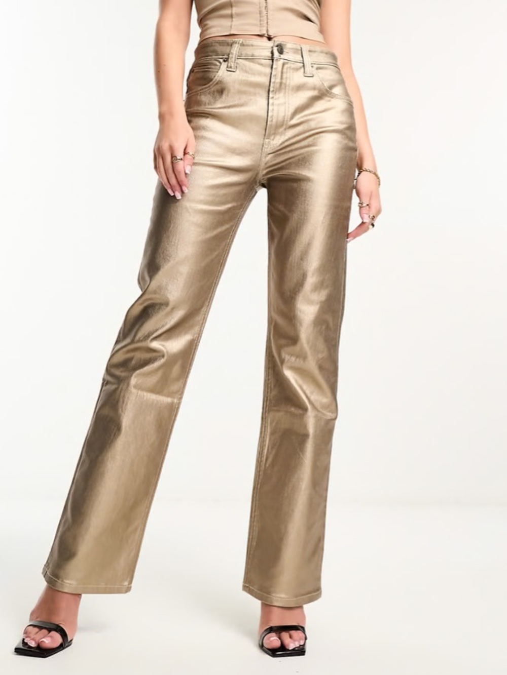 ASOS Designs Gold Metallic Coated Slim Straight-Leg High-Rise Jeans - Size 28